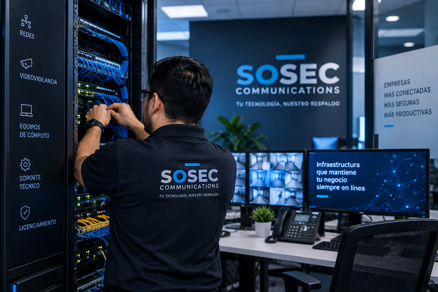 Especialista de Sosec trabajando en infraestructura de red